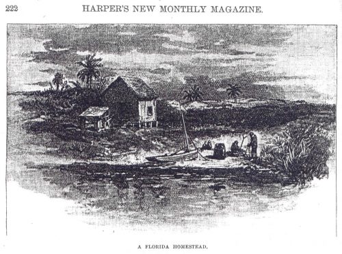 black and white drawing of a house on stilts next the the water. People stand near a small boat on the sand close to the water