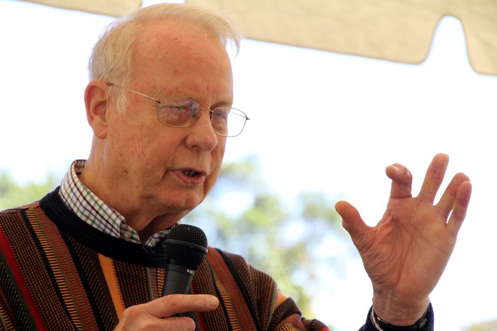 person speaking into a microphone and gesturing