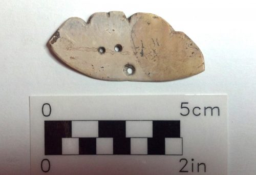 reverse side of a carved shell artifact with three holes drilled completely through.