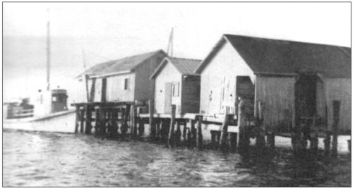black and white photo of houses on stilts over water