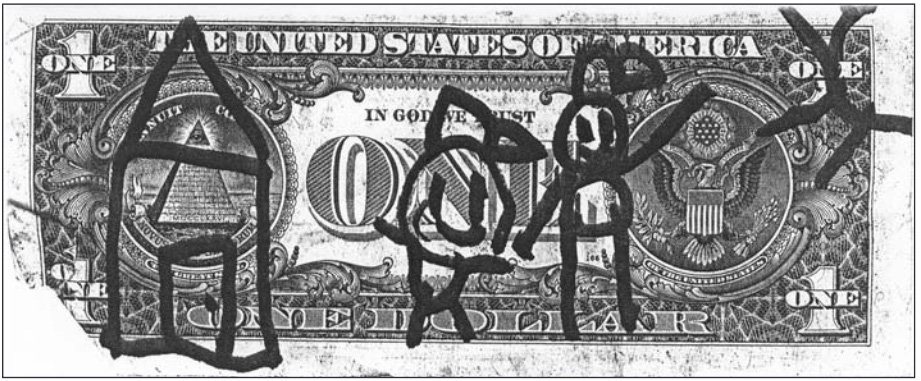 Dollar bill with a child's drawing of two people, a house and the sun.