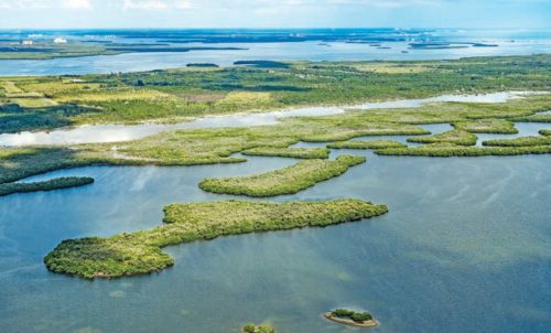 Aerial view of Mason Island, Pine Island, Matlacha Pass, and the mouth of the Caloosahatchee River.