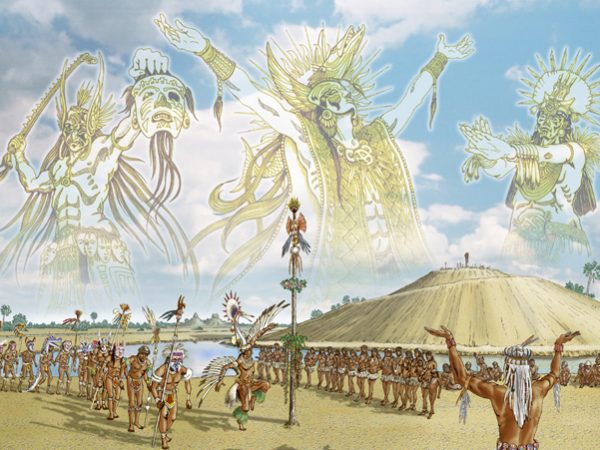 Calusa people in lines, some dancing one with arms raised.