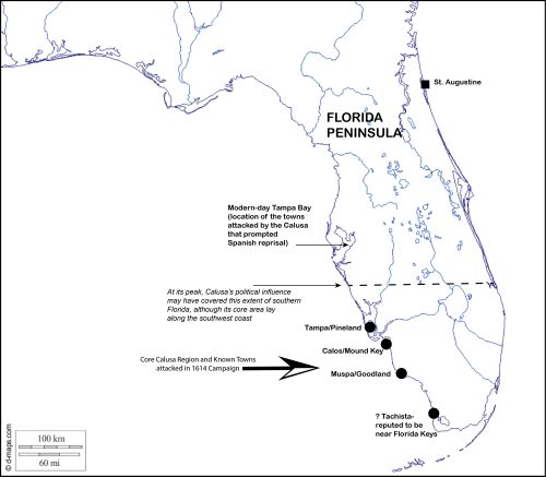 map of Florida showing locations of Calusa battles
