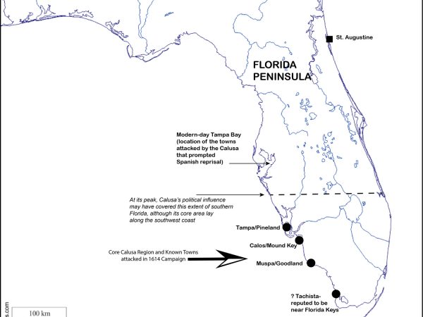 map of Florida showing locations of Calusa battles