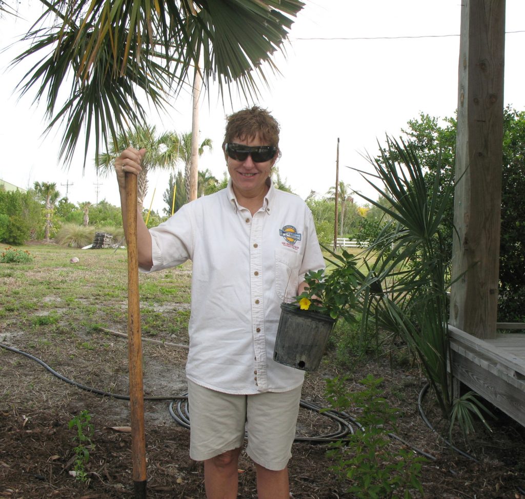 person standing with shovel and holding a plant