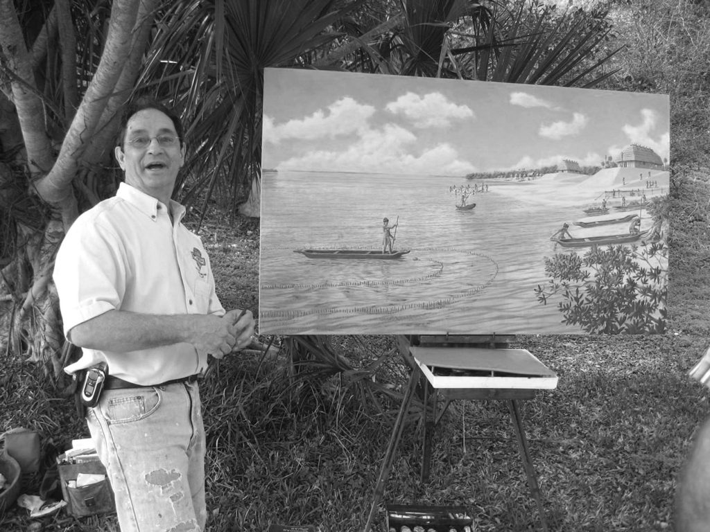 artist stand in-front a painting of people in canoes