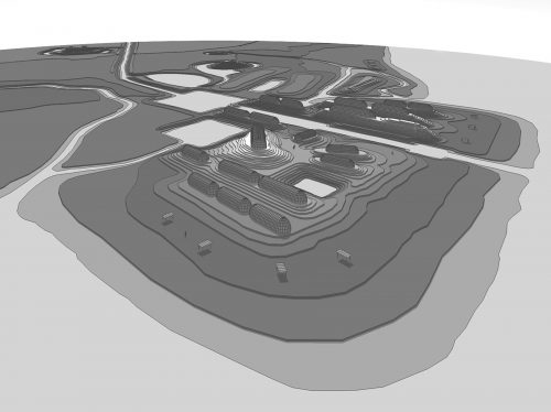 three dimentional drawing showing land, canals, buildings and mounds.