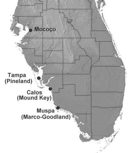 map of Florida with Mococo, Tampa (Pindland) Calos (Mound Key) Muspa (Marco-Goodland)