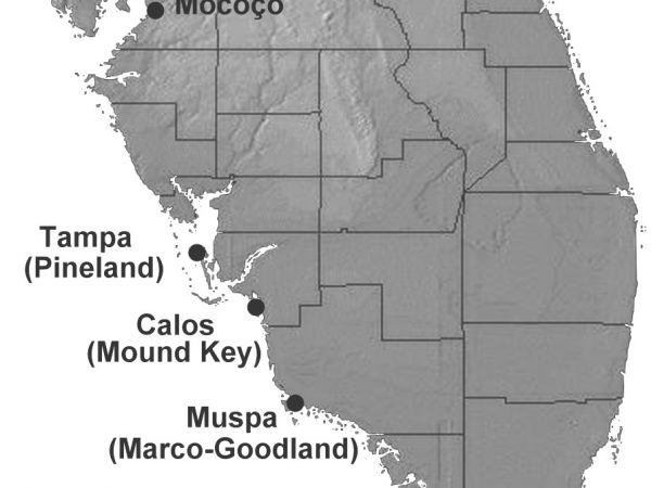 map of Florida with Mococo, Tampa (Pindland) Calos (Mound Key) Muspa (Marco-Goodland)