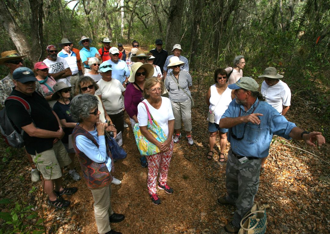 Image shows Randell Research Center docent leading a walking tour on the Calusa Heritage Trail