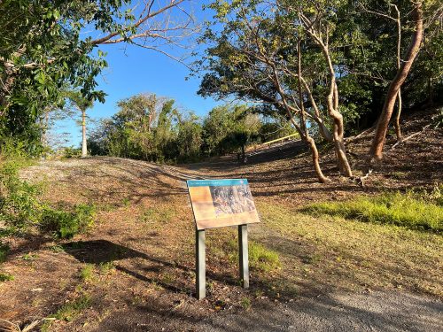 sign with information about Brown's Mound set on the side of the trail
