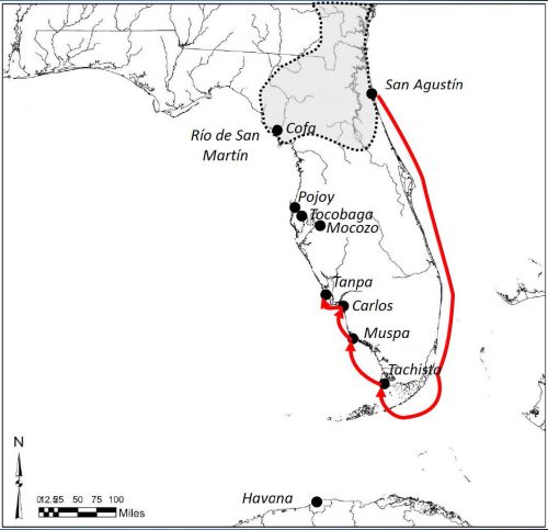 Map showing 1614 Spanish military boat route marked in red 