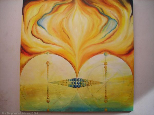 painting representing two nitrogen atoms bonding