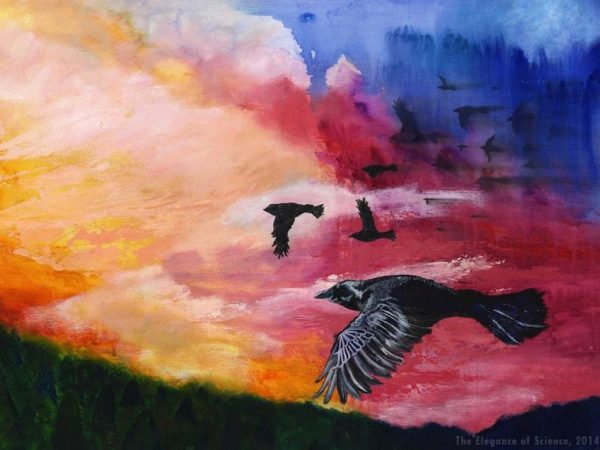 painting of birds in rainbow sky