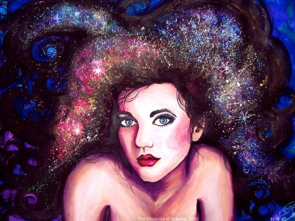 painting of woman blending in to a galaxy