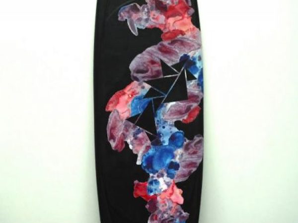 a wakeboard painted with abstract colors