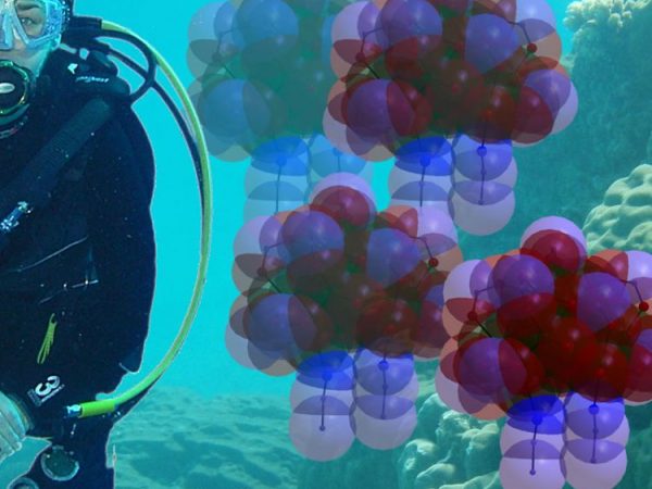 imagined molecules on a photo of a diver