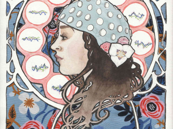 A Study in Bilingualism by Leah Palmer: The UF Brain and Language Lab is working on a project to determine if the presence of a monolingual speaker affects bilingual speakersâ€™ comprehension of code-switched sentences (sentences using both English and Spanish words). To test this, the lab measures the brain waves of bilingual Spanish speakers as they view code-switched sentences in the presence of a monolingual student and a Spanish-speaking student. This painting shows a Cuban-American girl wearing a cap that measures ERPs (the brainâ€™s response to a stimulus, e.g., a code-switched sentence). The circles surrounding her head contain a few of the ERPs in waveform. Through the windows around her, we see roses and mariposa flowers, the national flowers of America and Cuba, respectively. This artwork is painted in the Art Noveau styleâ€”a style famous for taking everyday objects and turning them into art. I believe that this experiment, a unique exploration of different identities, should recognized as a thing of beauty.