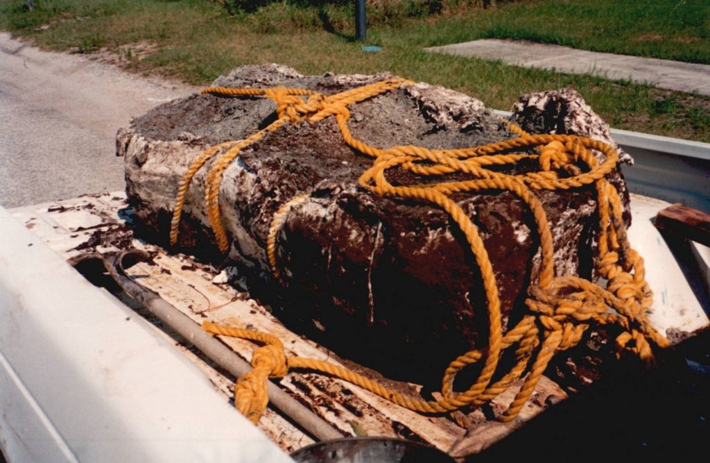 large fossil jacket tied onto a truck