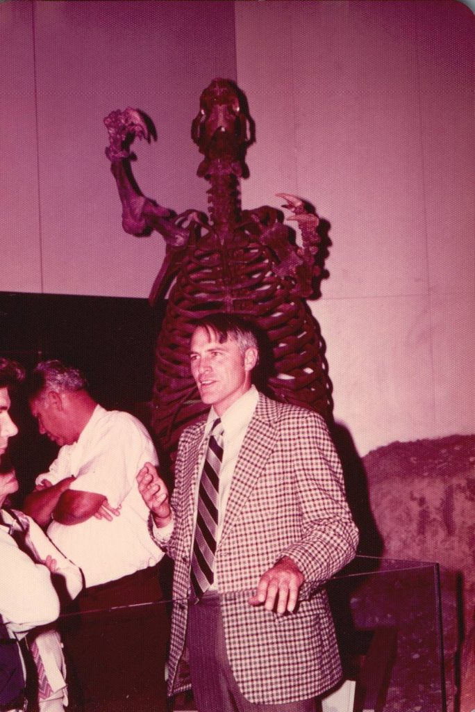 Dave Webb standing in front of the Thinobadistes skeletal mount, October 15, 1977