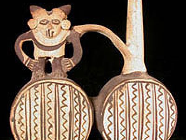 Ceramic double-chambered whistling vessel. Peru, Central Coast, Chancay. Late Intermediate Period, A.D. 900-1430