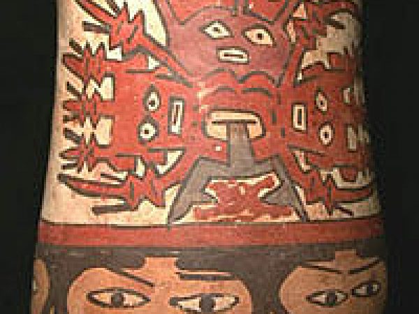 Ceramic bowl with human faces and rayed deity. Peru, South Coast, Nasca. Early Intermediate Period, AD 400-600