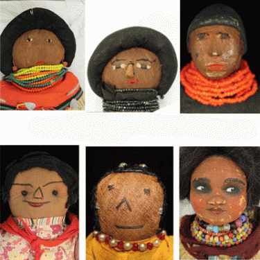 Figure 1: Facial Features. Top row, left to right: simple face, complex face, wood carved face; bottom row, left to right: rag doll face, square-headed doll face, eyes looking sideways.