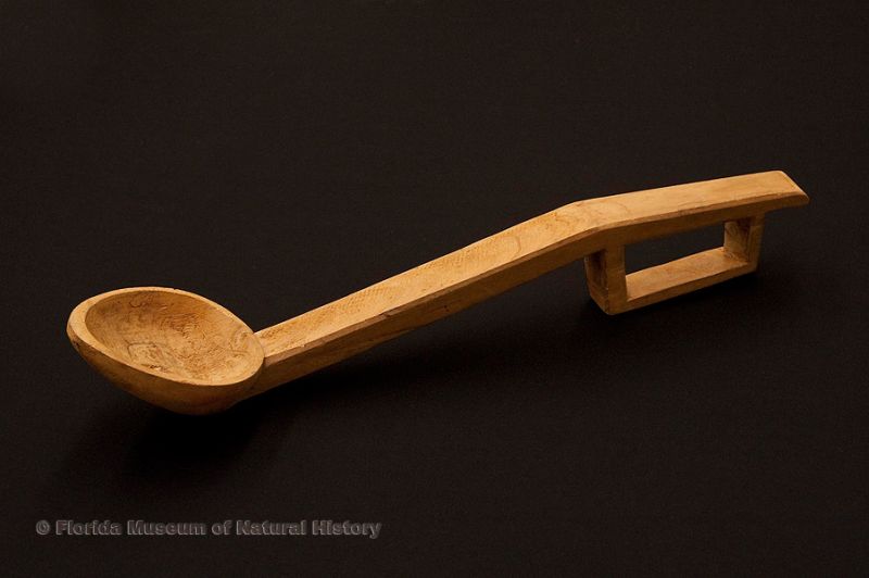 Sofkee spoon, Seminole, wood, made by Charley Cypress, Big Cypress Swamp, 1952, 19.7” long (92794).