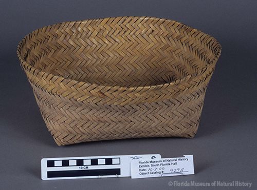 Basket, Miccosukee, split palmetto, 3/3 twill, ca 1942, 11.5 x 22 x 21 cm. Made by Annie Tommie, collected by John M. Goggin (3933-92911).