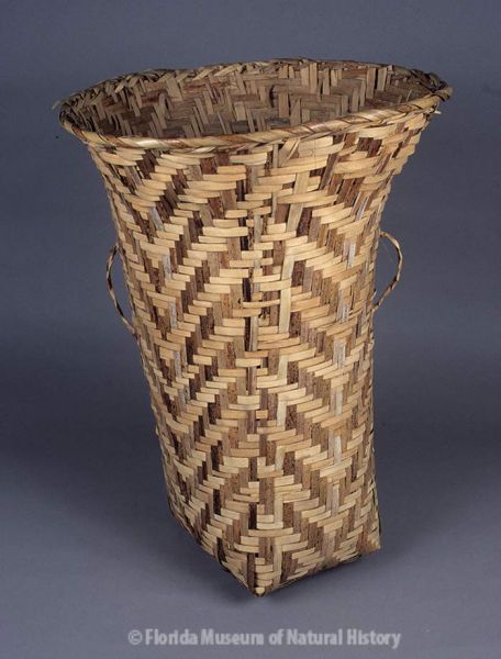 Basket, Miccosukee, split palmetto, 3/3 twill,1942, 67 x 26 x 21 cm. Made by Ada Tiger, collected by John M. Goggin (3933-92785).