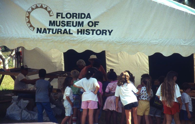 School children visit the Florida Museum tent to see archaeological lab work, Pineland, March 1990.