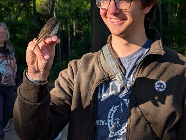 Student Charles Rodgers learns how to handle birds