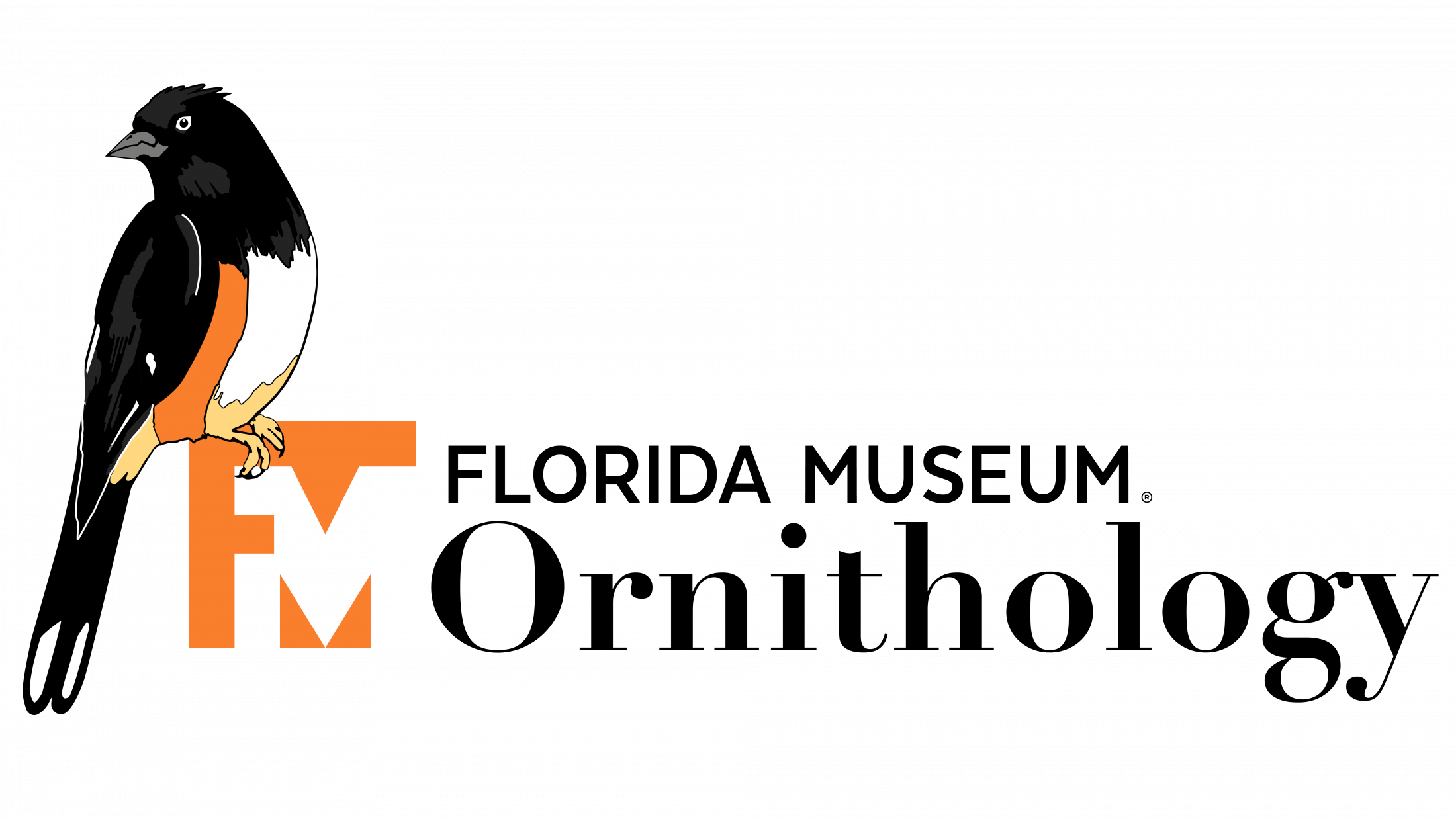 Eastern Towhee seated at the Florida Museum Ornithology logo