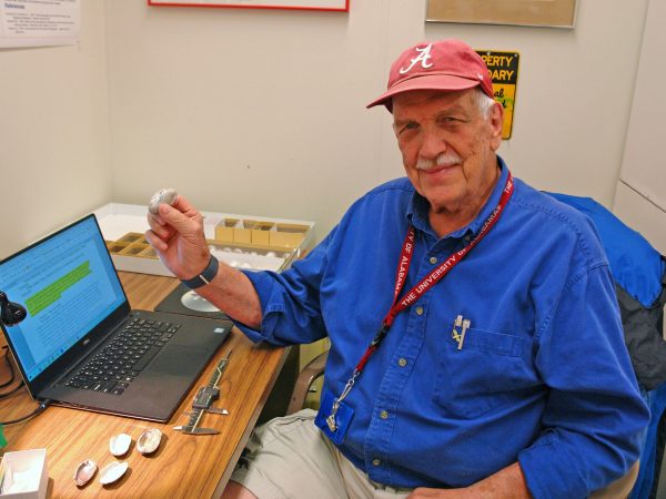 a person in a blue button down is sitting at a desk with a laptop and holding up a small shell