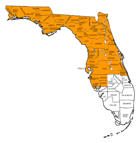 Map of Florida highlighting counties included in North Florida