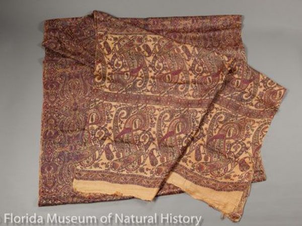 Preowned sari composed of reeled tropical tasar silk (Antheraea pahphia= A. mylitta). It is printed in sweeping paisley and floral motifs. Measures 206 cm x 458 cm