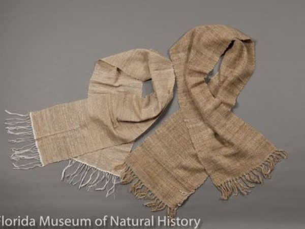 Scarves of Kalahari wild silk (Gonometa postica) handwoven from natural colored, handspun yarns. Both purchased from Kalahari Wild Silk Manufacturers, Leonardville, Namibia.