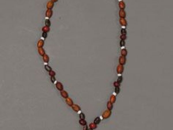 Necklace made by Merced Maldonado of the Yaqui Tribe in Guadalupe, Arizona. Cocoons of Rothschildia cincta (Saturniidae) each containing 7 palm seeds. The different types of seeds are red coral bean (Erythrina flabelliformis) from Rio Yaqui, castor bean (Ricinus communis), Job’s tears (Coix lacryma-jobi), and mescal bean (Sophora secundiflora).