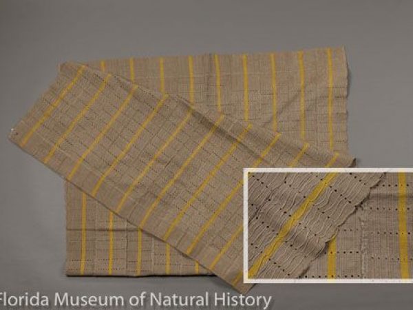 Sanyan silk from Nigeria, example of Yoruba culture. Composed of wild silk of Anaphe or Epanaphe (Notodontidae: Thaumetopoeinae) spun with cotton, and gold stripes are rayon. This weaving is from the mid-20th century.