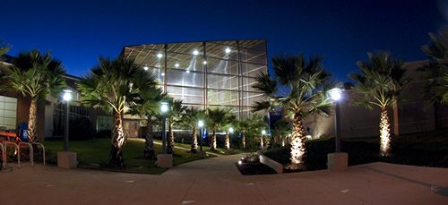 Mcguire Center building lit at night