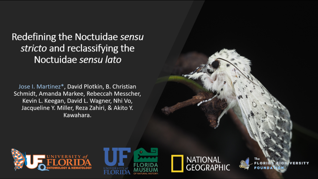 Title slide for a talk showing a black spotted white moth.