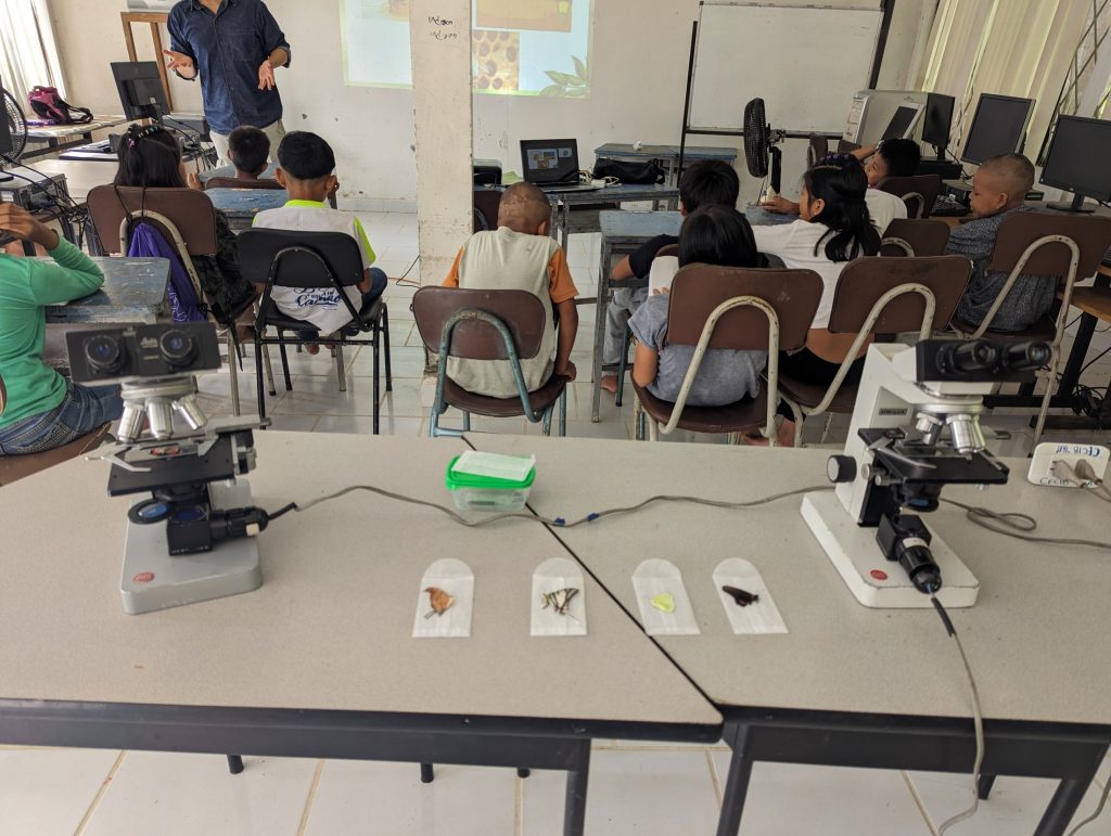 Picture of a classroom with students and a table in the foreground with microscopes and butterflies arranged on stamp envelopes.