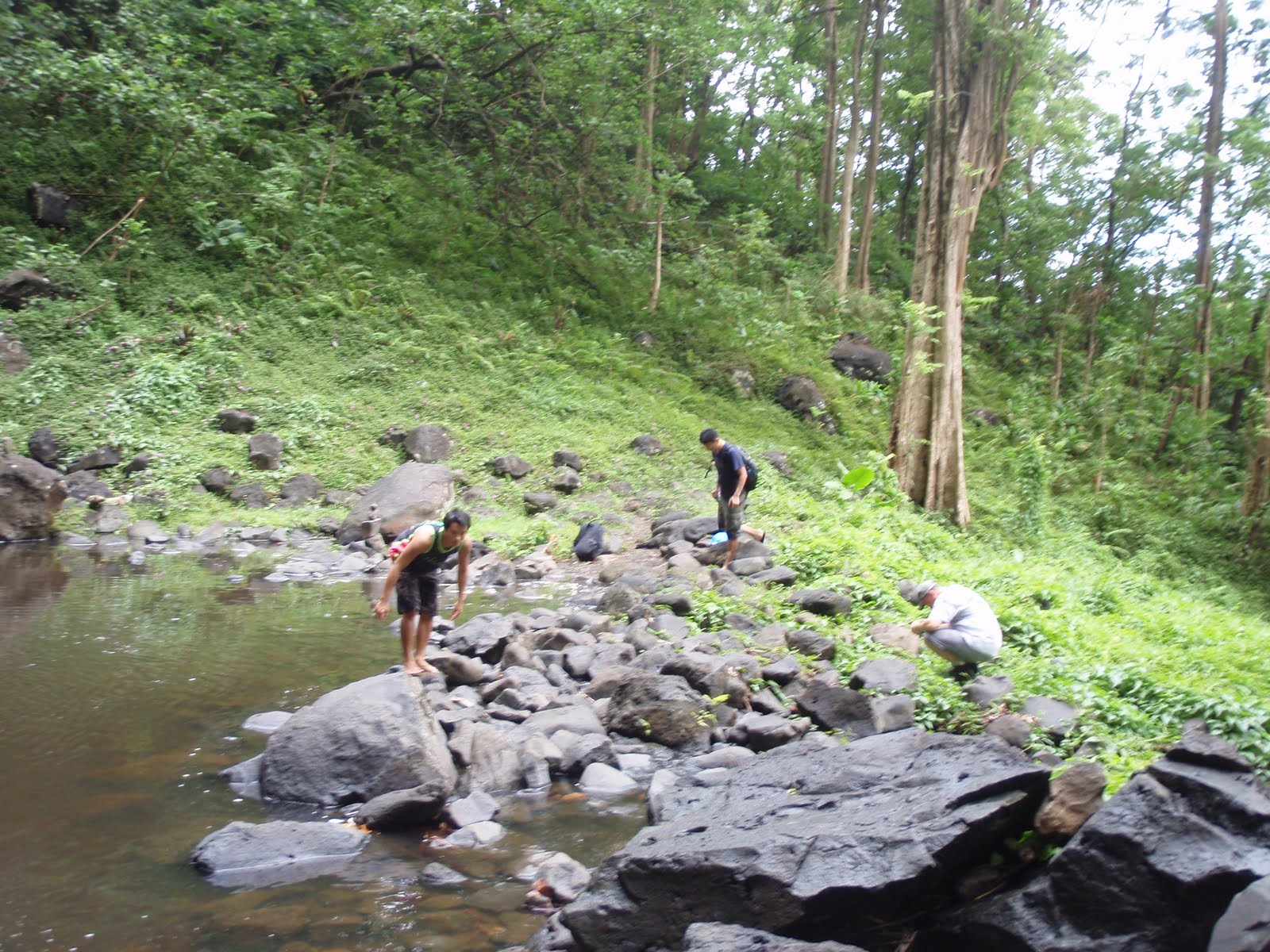Vetea, Yasunori, and John amongst the rocks and brush at the edge of the waterfall's pool