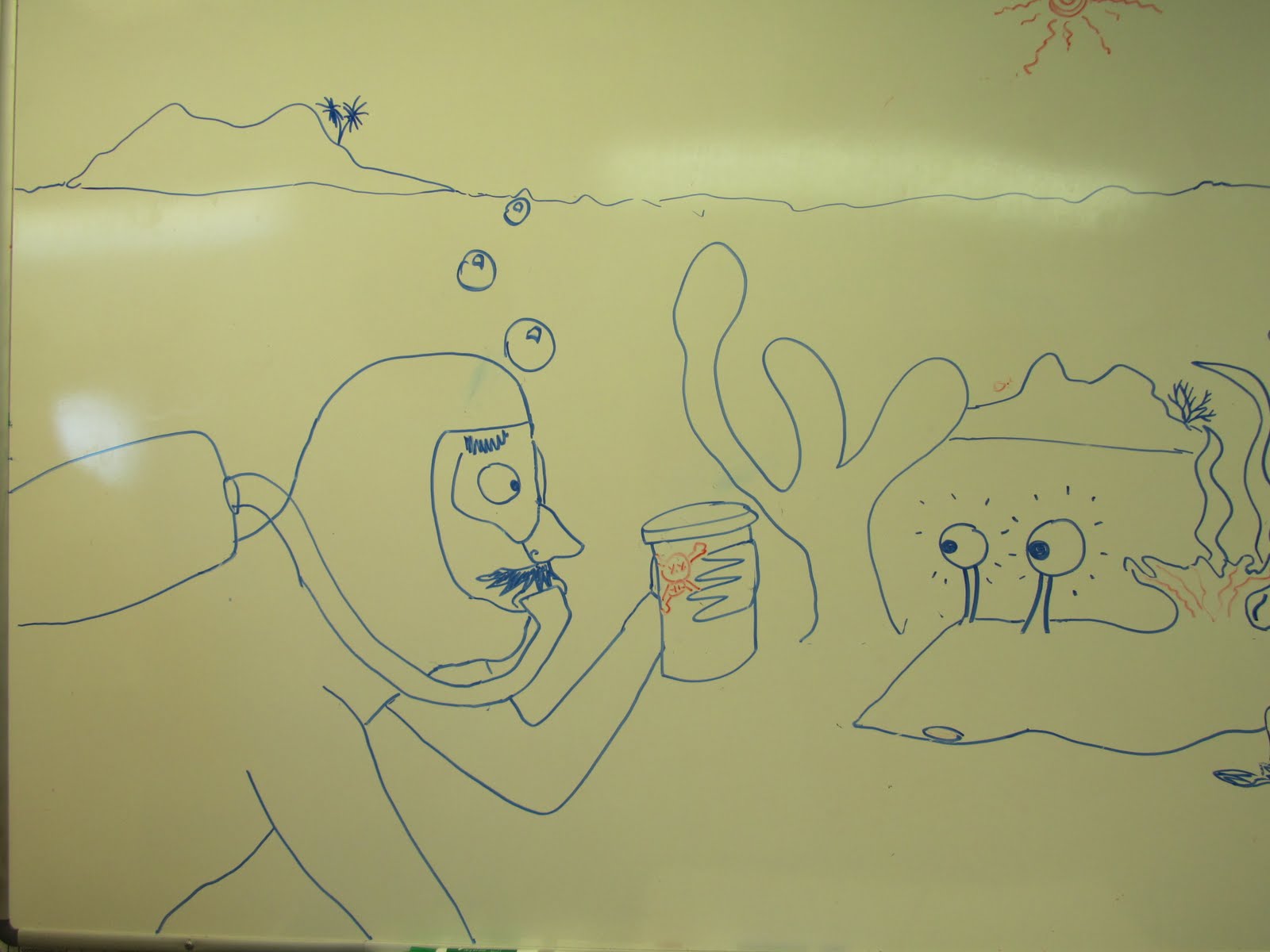 dry erase cartoon of gustav approaching a sea slug with a jar