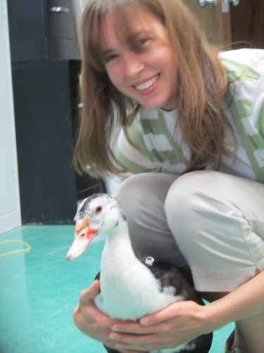 close up of Mandy crouching down to snuggle a duck