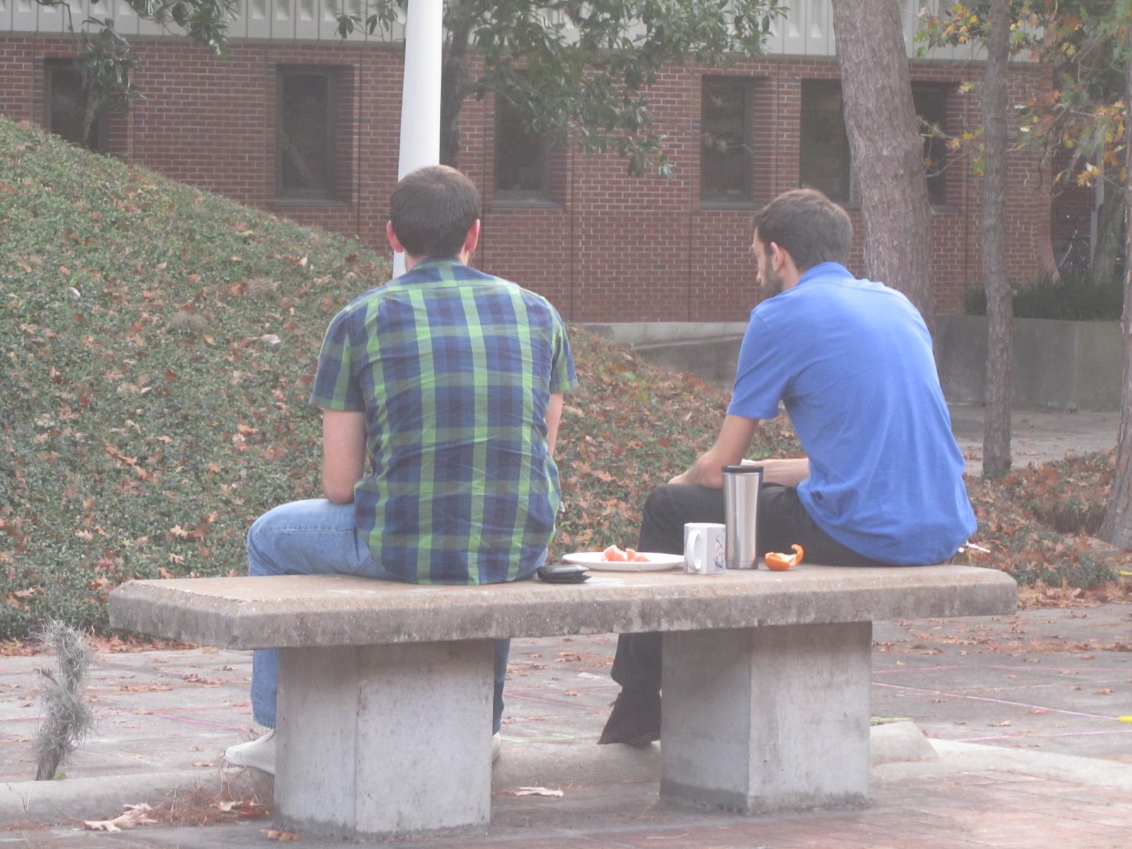 Rob and François eating on a bench with their back to the camera