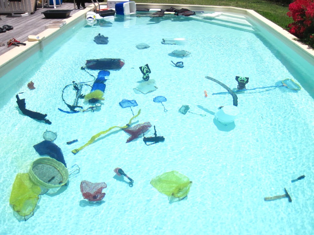 equipment scattered throughout the pool