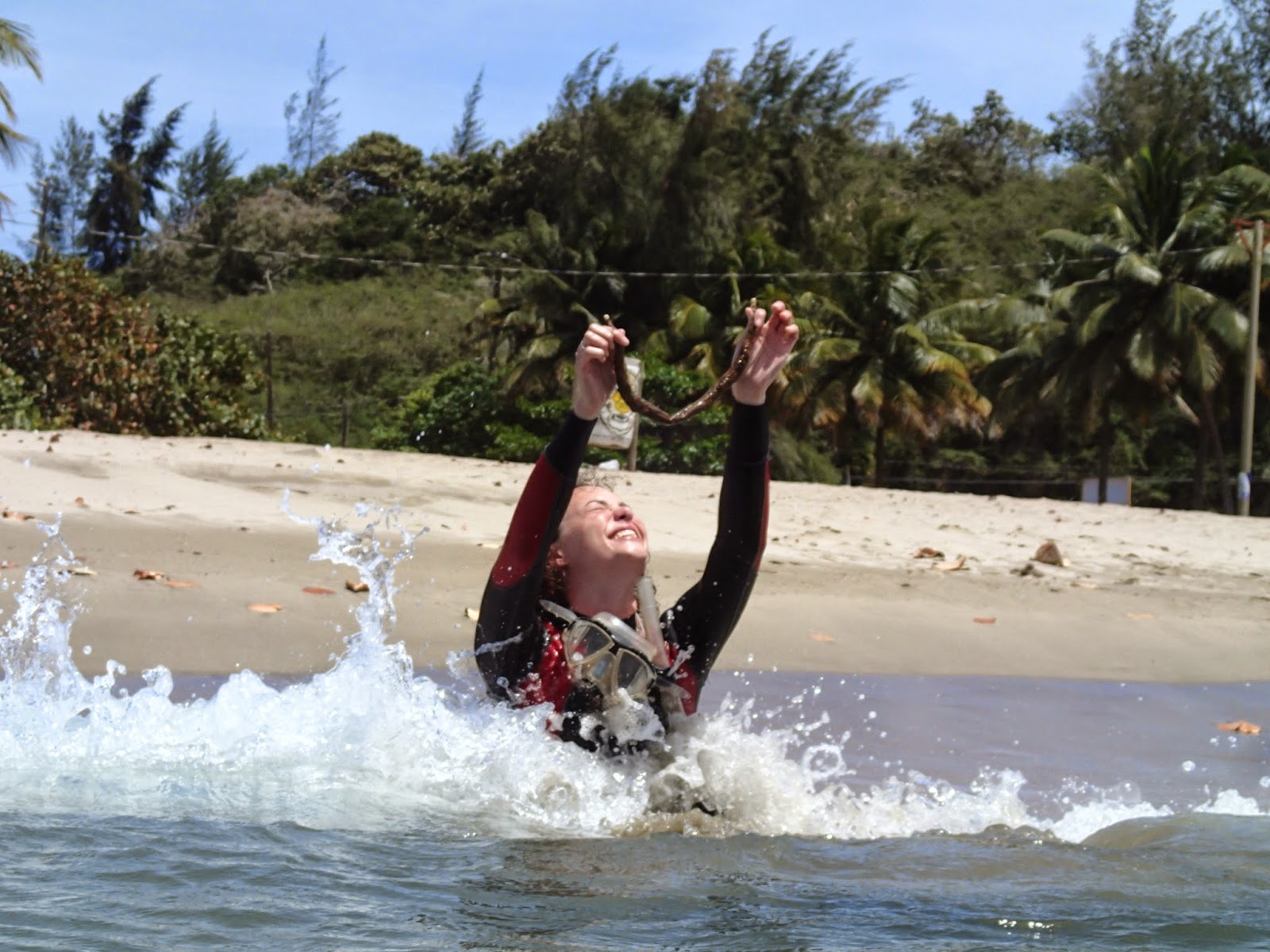 diver triumphantly holding worm