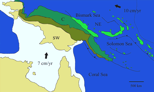 The New Guinea region comprises three tectonic provinces: SW southwest cratonic zone: C central collisional zone: and NE northeastern islands and ranges constructed by Cainozoic volcanic activity.